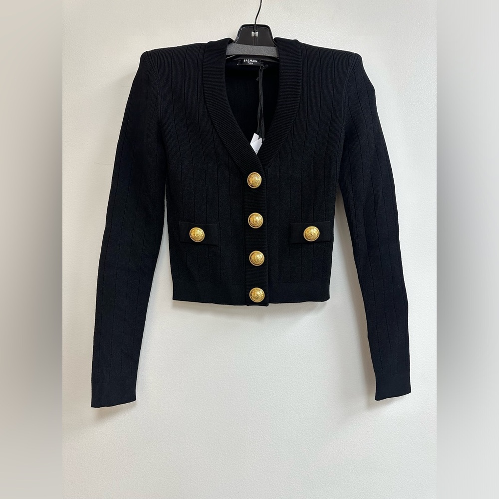Balmain V-Neck Crop Pointelle Rib Cardigan in Black - Picture 3 of 7
